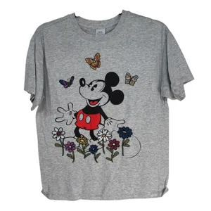 Disney Mickey Mouse Graphic Tee Grey Embroidered‎ Flowers Butterflies Women's XS thumbnail 2