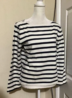 J. Crew Classic Mariner Cloth Boatneck T-Shirt in Stripe Beige Navy Blue S thumbnail 1