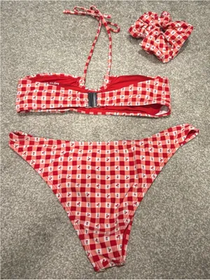 Cabana del Sol Red Cherry Gingham Two-Piecec Bikini Set with Scrunchie thumbnail 2