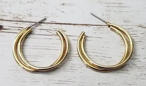 Vintage Earrings For Pierced Ears Gold Tone Double Hoop thumbnail 1