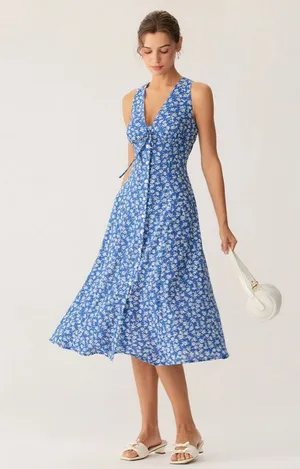 Rihoas Blue Floral V Neck Sleeveless Midi Dress thumbnail 1