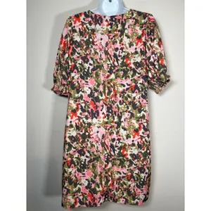 Michelle McDowell Shift Dress Pink Green Garden Party Puff Sleeve V-Neck Small thumbnail 4