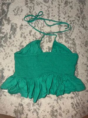 Free People Green Ruched Halter Crop Top Boho 100% Cotton Size Small thumbnail 3