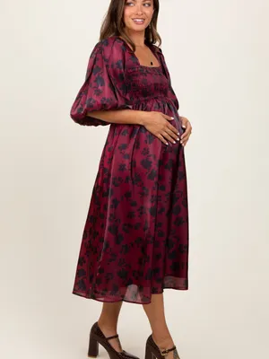 Heart of Mine Burgundy Floral Midi Dress with Puff Sleeves thumbnail 5