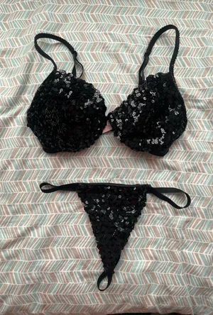 Victoria’s Secret vintage Y2K black sequined bra and thong panty set thumbnail 1
