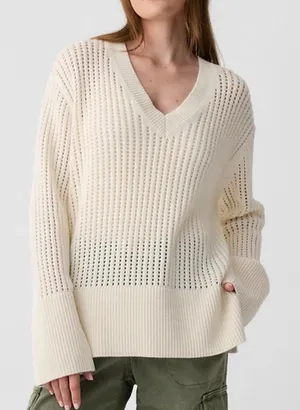 Gap Women's Relaxed‎ Crochet V-Neck Sweater Fisherman Coastal thumbnail 1