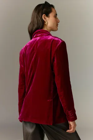 Anthropologie Maeve The Tessie Blazer Jacket Suit Blazer Top Raspberry Velvet thumbnail 4