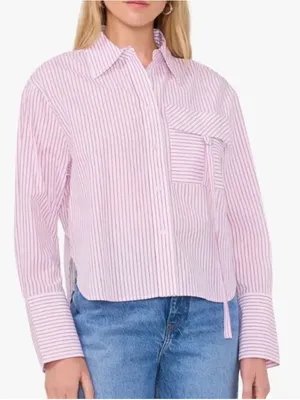 Parker Stripe Cotton Cropped Button Down Utility Pocket Shirt Size M/L thumbnail 1