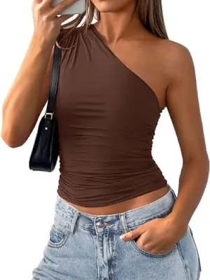 Amazon One-Shoulder Brown Ruched Tank Top thumbnail 1