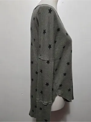 Lucky Brand Small Olive Star Print Waffle Knit Thermal Top Bohemian Casual thumbnail 4