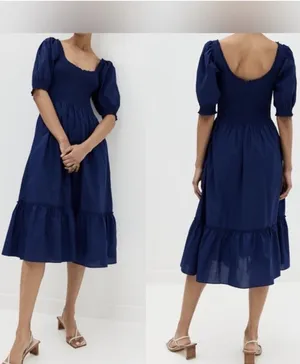 Hill House Nap Dress Navy Blue Smocked Short Puff Sleeve XXS EUC thumbnail 2