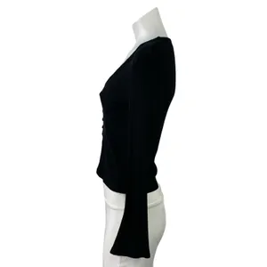 Reformation Virgil Black Ribbed Knit V Neck Long Sleeve Button Up Crop Top Sz M thumbnail 2