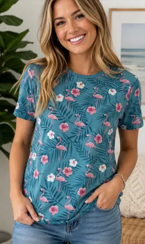 Free Planet Womens Flamingo‎ Tropical Floral T-Shirt Teal Blue Pink Large L thumbnail 1