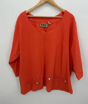 Lagenlook Woman 3X Coral Orange Cotton Tunic Crochet Fish Applique 3/4 Sleeve thumbnail 1