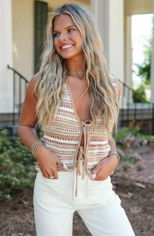 Charleston Stroll Top - Striped Crochet Tie-Front Camisole in Beige and Cream thumbnail 1