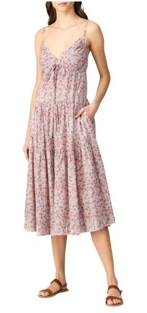 Rebecca Taylor La Vie Pink Metallic Gold Thread Floral Print‎ Eva Midi Dress S thumbnail 1
