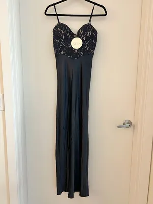 Here Comes the Sun Lace Bodice Satin Maxi Dress Gown in Navy Blue Size S NWT thumbnail 2