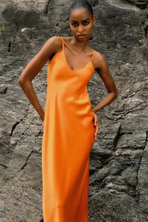 ZARA dress maxi midi hot orange satin effect wedding party cocktail thumbnail 8
