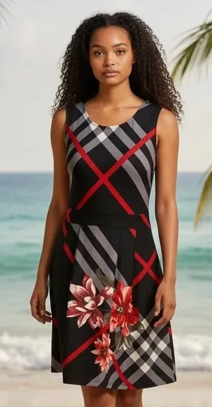Venus Black‎ Red Gray Plaid Floral Sleeveless Knee Length Dress Women's Size L thumbnail 1