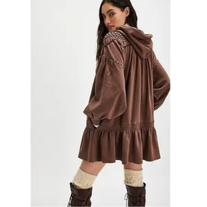 Free People Bohemian Marty Smocked Mini Dress Brown Bear Sweatshirt Tunic Medium thumbnail 6