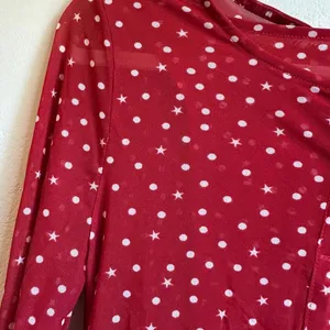 Free People Twosie for One Cardigan Med Red White Polka Dot Stars Semi Sheer thumbnail 3