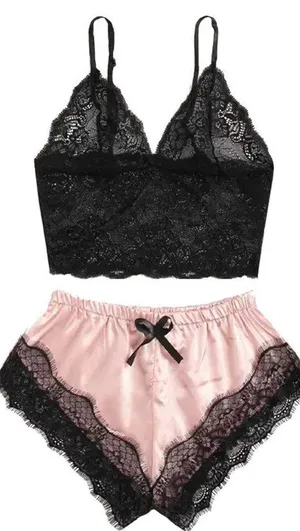 Elegant Black and Pink Lace Sleepwear Set thumbnail 1