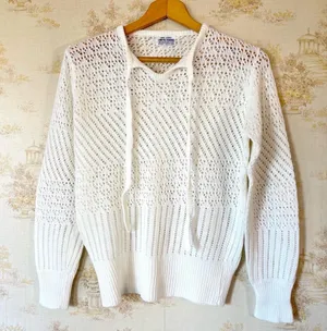 Vintage 60s 70s Hand Loomed White Pointelle Knit Tie Neck Sweater thumbnail 1