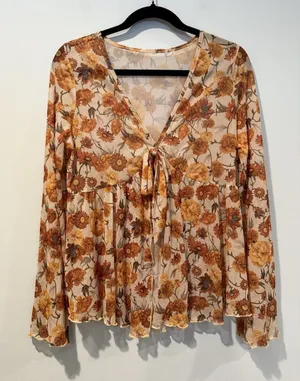 Floral Mesh Top XL Fairy Festival Bell Sleeve Stretch 70s Sunflower Cottage Boho thumbnail 1