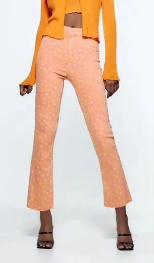 Zara Floral Printed High Rise Flared Crop Jean Sz 12 Flower Power Hippie 70s thumbnail 1