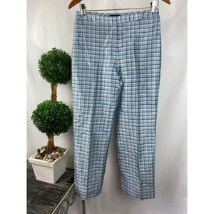Ann Taylor 100% Silk Blue Plaid Gingham Straight Leg Pants 4 thumbnail 2