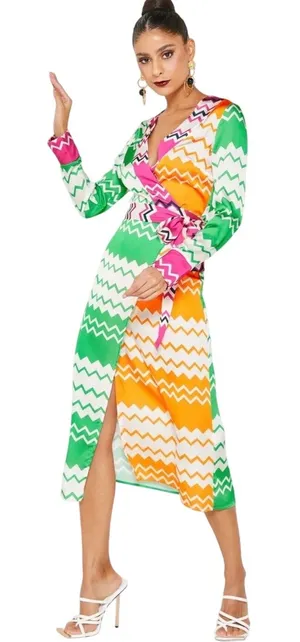 Never Fully Dressed Orange Green Chevron Long Sleeve Wrap Satin Midi Dress thumbnail 1
