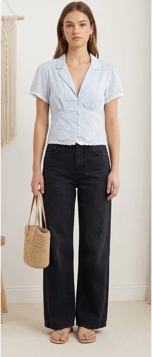 Coquette white/blue gingham button down blouse lace trim femenine minimalist thumbnail 1