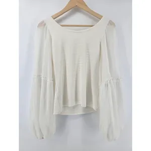 Anthropologie Blouse Womens Medium Ivory Smocked Sheer Balloon Sleeve Ruffle Top thumbnail 3