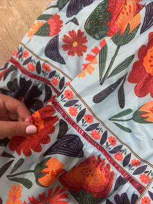 Embroidered Floral Tunic Dress - Blue with Red & Orange Blooms button up thumbnail 2