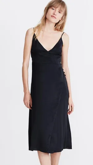 Madewell Black Satin Cami V-Neck Side Button Faux Wrap Knee Length Dress thumbnail 1