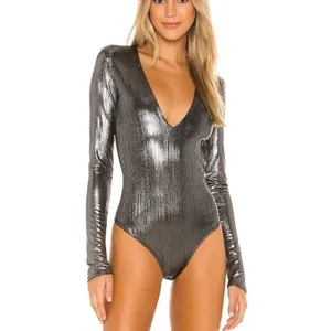 Alix NYC Irving Lamé Bodysuit Small Gunmetal Metallic Deep V-Neck Long Sleeve thumbnail 13