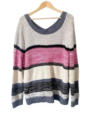 Caslon Ivory Pink Odetta V-Back Striped Knit Cotton Blend Sweater‎ Size 2X NWT thumbnail 1