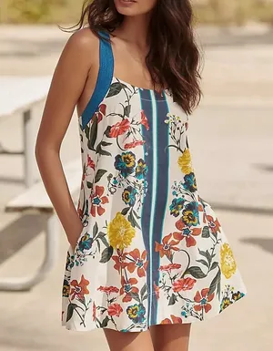 Anthropologie Sleeveless Cross-Back Cotton A-Line Mini Dress White Blue XL thumbnail 1