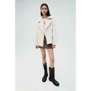 Zara Biker Jacket Women Medium White Boucle Asymmetric Zip Oversized Minimalist thumbnail 2