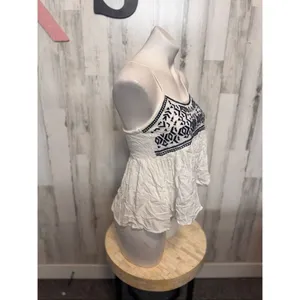 Sim & Sam Boho Embroidered Peplum Tank Top XS White Black Spaghetti Strap thumbnail 7