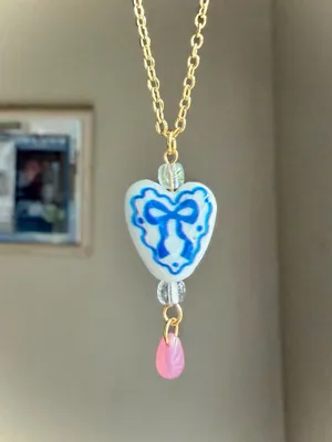 Handmade cottage fairy whimsy style heart ribbon necklace🎀🩵 thumbnail 1