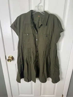 Free People Ronnie Cotton Poplin Mini Shirtdress in Garden Snake Green M thumbnail 2