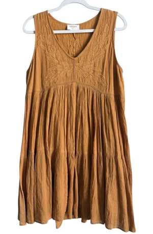 Talisman Athena Embroidered Mini Dress Large Mustard Yellow Boho Tiered Festival thumbnail 1