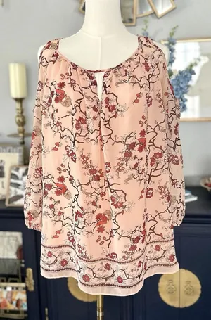 Max Edition Sz Medium Coral Floral Keyhole Front Cold Shoulder Boho Tunic Top thumbnail 1