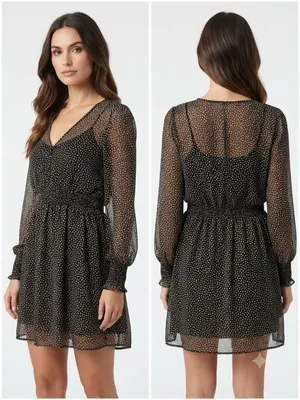 Zara Green & White Polka Dot Mini Dress – Long Sleeve Smocked Waist, Size M thumbnail 1