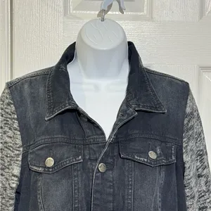 Free People Black Distressed Denim‎ Jacket with Knit Sleeves size M thumbnail 2