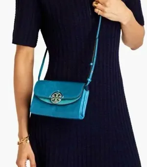 Tory Burch Turquoise Blue Leather and Suede ‘Miller’ Wallet-on-Chain Crossbody thumbnail 1