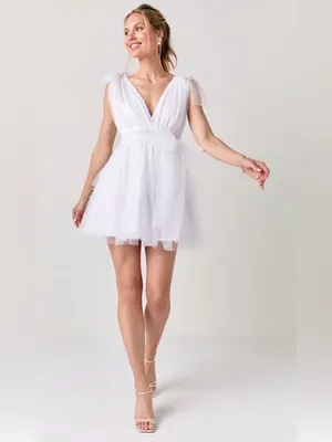 Francesca's Collections White Tulle Mini Dress with Bow and Pearls thumbnail 4