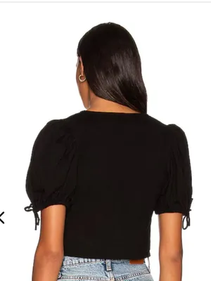 Free People Kitty Tee Black Cropped Puff Sleeve Tiered Tie-Front Closure Size XS thumbnail 12