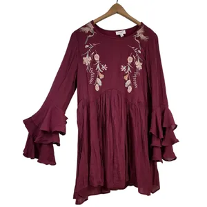 Umgee Burgundy Embroidered Floral Bird‎ Boho Mini Dress Ruffle Bell Sleeve Small thumbnail 3